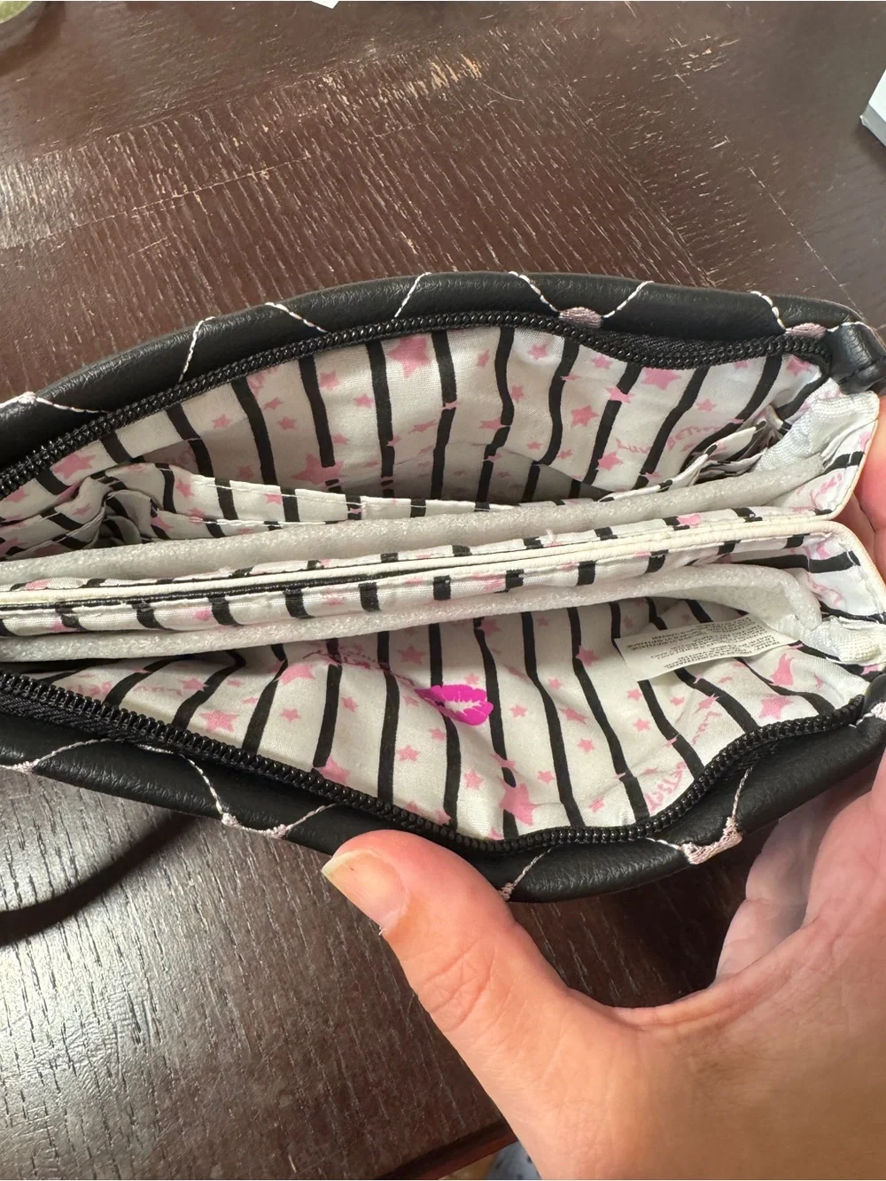 NWT Betsey Johnson Double Pouch Wristlet Pink Cats Black with White Stripes